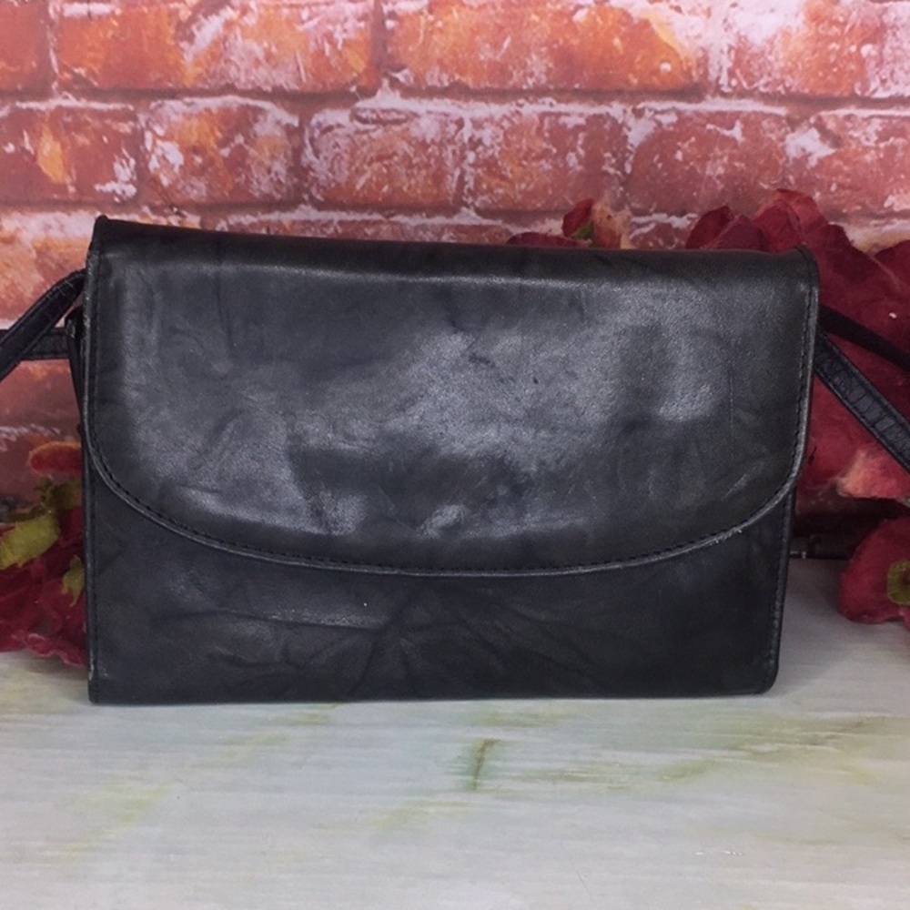 Vintage Buxton Black Leather Crossbody Checkbook  Wallet